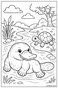 Coloring Page of a Platypus Swimming Near a Turtle