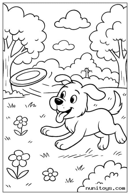 Playful Puppy Chasing a Flying Frisbee in the Park Coloring Sheet