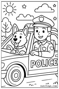Police Officer Driving with Dog in a Patrol Car Coloring Page