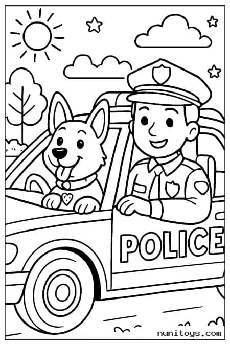 Police Officer Driving with Dog in a Patrol Car Coloring Page