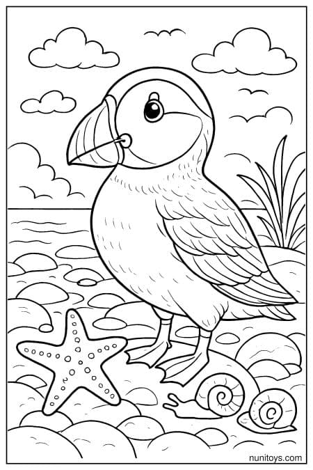 דף צביעה תוכי ים על חוף עם כוכב ים וחלזונות