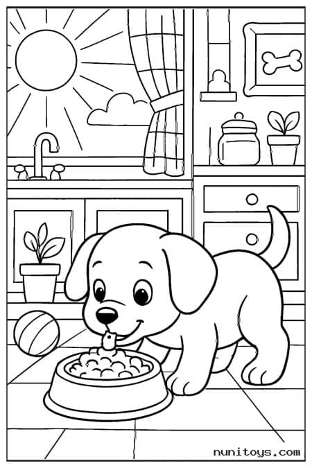 Hungry Puppy Eating from a Bowl in the Kitchen Coloring Sheet