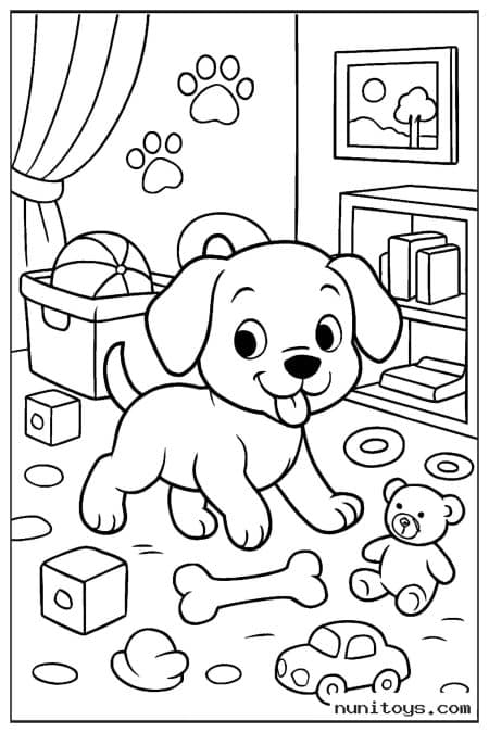 Playful Puppy Surrounded by Toys in a Cozy Room Coloring Page
