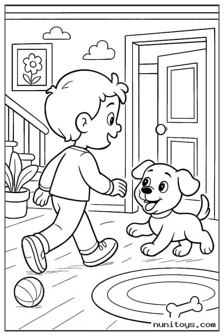 Child Greeting a Puppy at the Door Coloring Page
