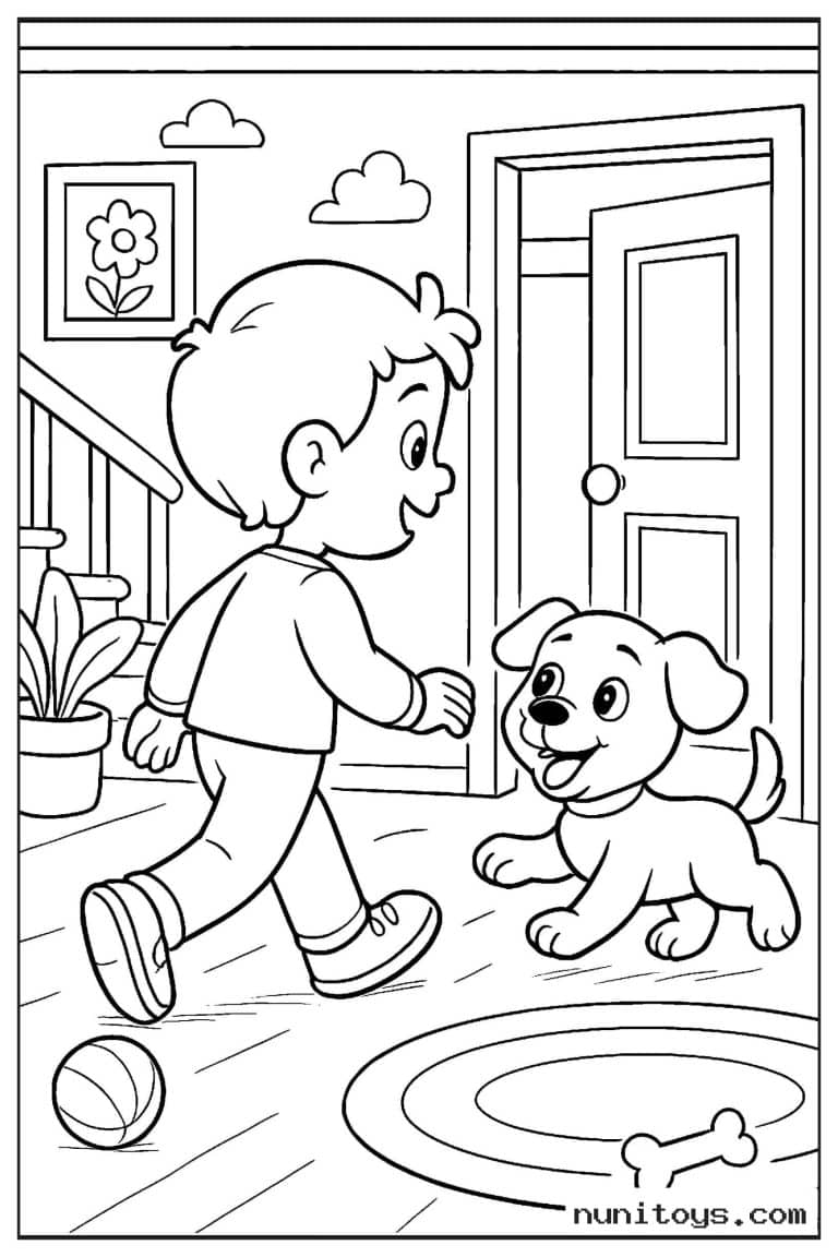 Coloriage enfant rentrant à la maison accueilli par son chiot