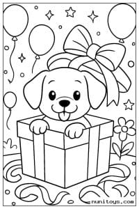 Puppy Popping Out of a Gift Box with Balloons Coloring Page
