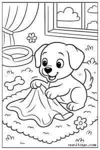 Playful Puppy Tugging a Blanket on the Floor