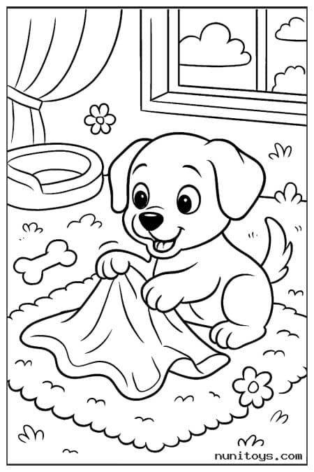 Playful Puppy Tugging a Blanket on the Floor Coloring Sheet