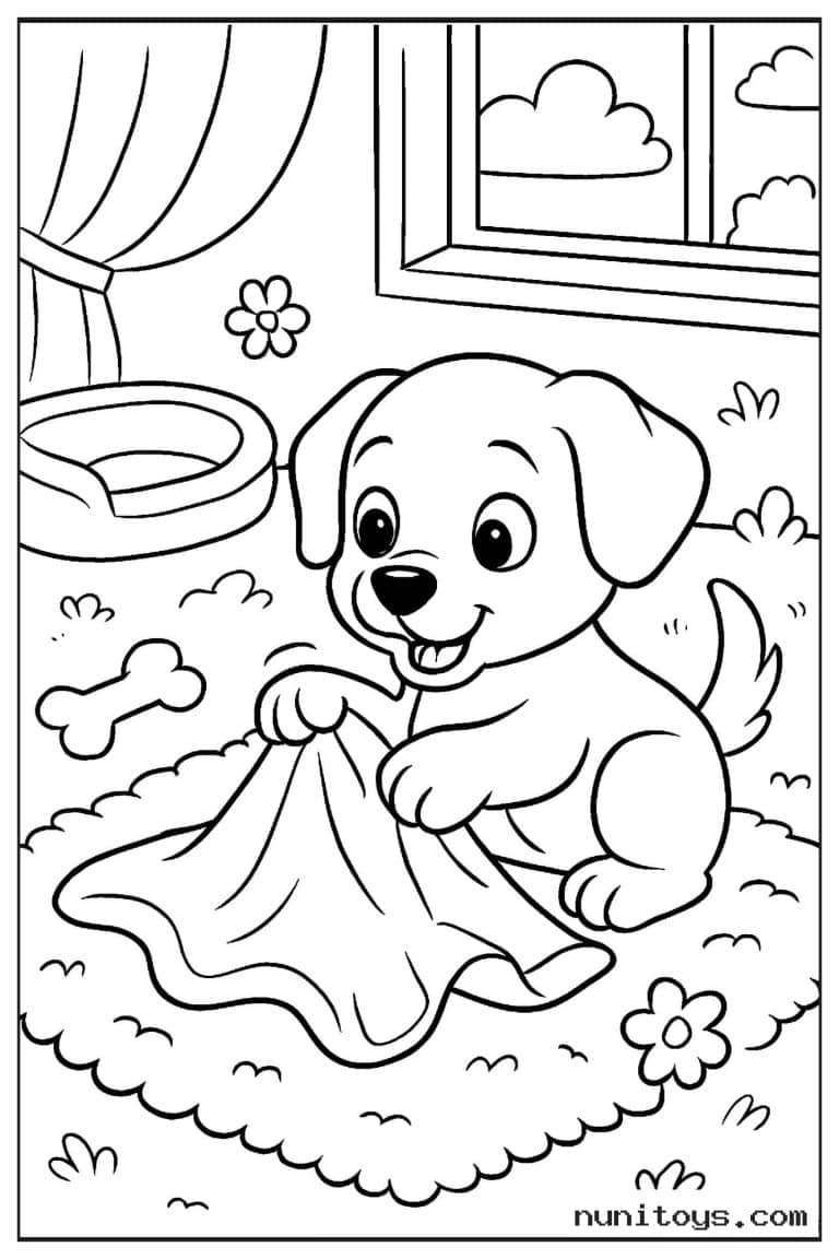 Coloriage chiot jouant avec une couverture dans son coin repos