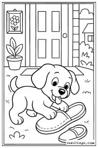Puppy Playing with Slippers at the Front Door Coloring Page