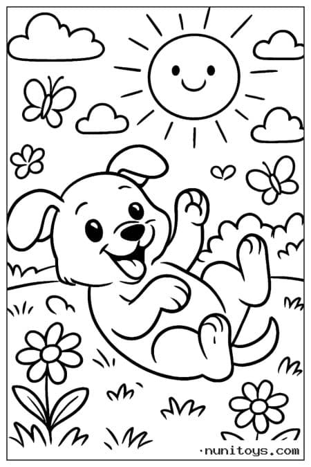 Happy Puppy Rolling in a Flower Field Under the Sun Coloring Page