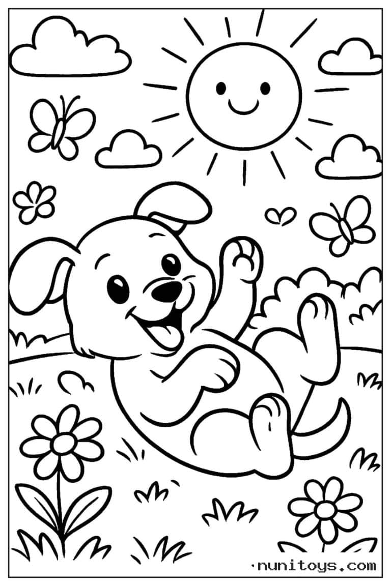 Coloriage chiot se roulant joyeusement dans un jardin fleuri