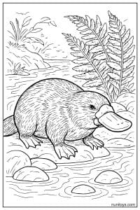 Coloring Page of a Platypus Walking Across River Rocks