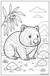 דף צביעה וומבט יושב ליד סלעים וענף עלים