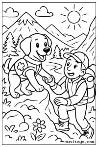 Rescue Dog Helping a Hiker in the Mountains Coloring Page