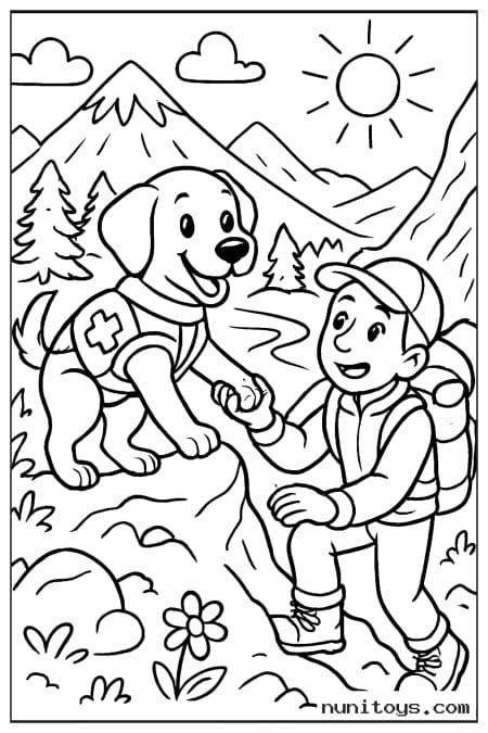 Rescue Dog Helping a Hiker in the Mountains Coloring Page