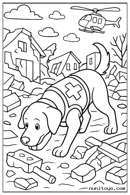 Rescue Dog Searching Through Rubble After Disaster Coloring Page