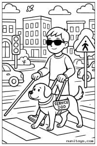 Guide Dog Helping a Blind Person Cross the Street Coloring Page