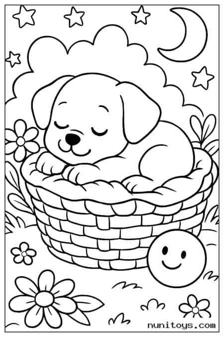Sleeping Puppy Resting in a Cozy Basket at Night Coloring Page