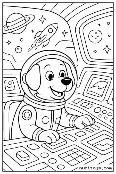 Astronaut Dog Piloting a Spaceship Coloring Page