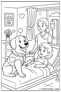 Therapy Dog Visiting a Child in a Hospital Room Coloring Sheet