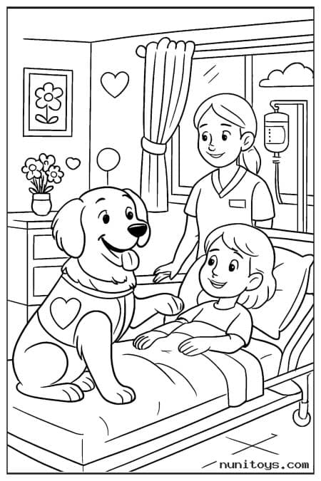 Therapy Dog Visiting a Child in a Hospital Room Coloring Sheet