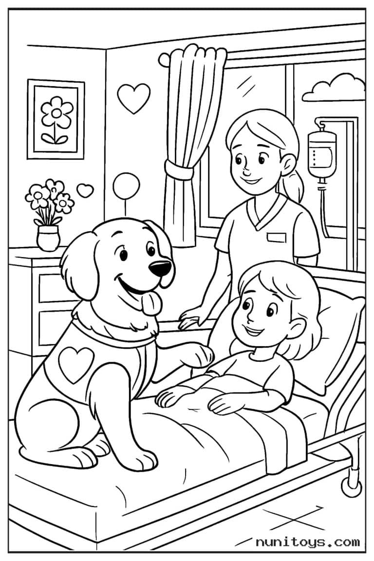 Coloriage chien de thérapie visitant une enfant à l’hôpital