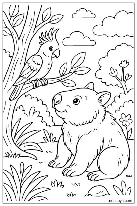 Wombat Looking at Cockatoo in Tree Coloring Sheet