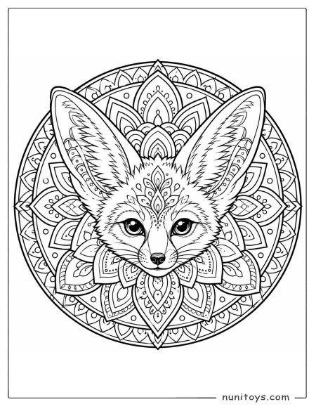 Fennec Fox Face Mandala Coloring Page with Large Ears