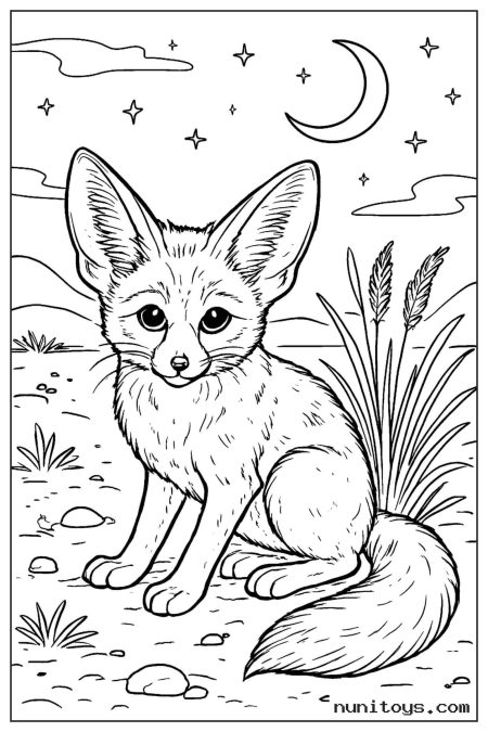 Fennec Fox Sitting Under a Night Sky Coloring Sheet