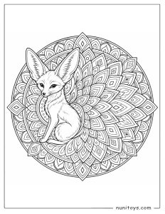Fennec Fox Sitting in a Feathered Mandala Coloring Page
