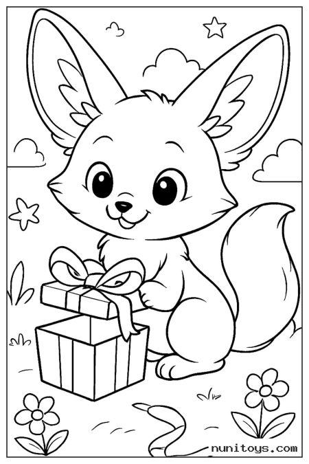 Kawaii Fennec Fox Opening a Gift Coloring Sheet
