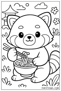 Kawaii Red Panda Eating Noodles Coloring Page