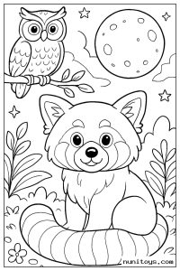 Kawaii Red Panda Under the Moon with an Owl Coloring Sheet