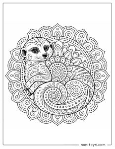 Meerkat Curled in a Spiral Mandala Coloring Illustration