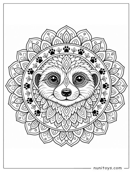 Meerkat Face Mandala Coloring Page with Paw Print Ring
