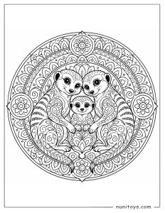 Meerkat Family Mandala Coloring Page with Floral Details