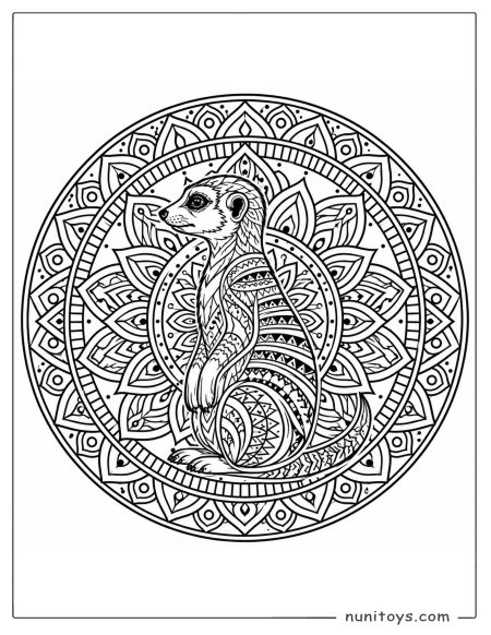 Meerkat Sitting Inside a Detailed Mandala Coloring Page