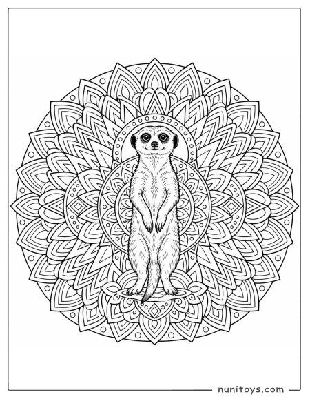 Meerkat Standing in a Layered Mandala Coloring Sheet