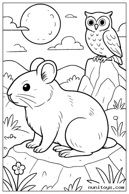 Pika Under the Moon with an Owl Coloring Page