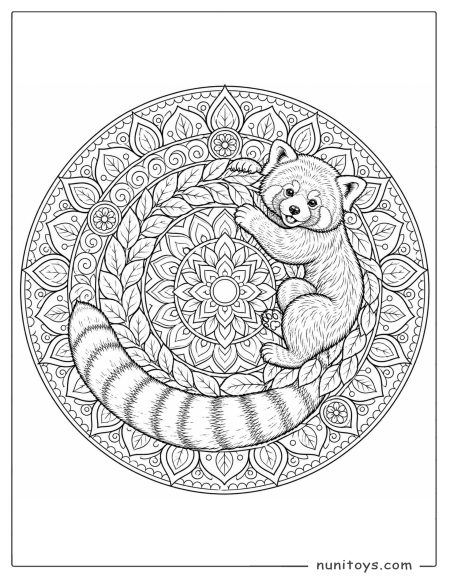 Red Panda Climbing Around a Leafy Mandala Coloring Page