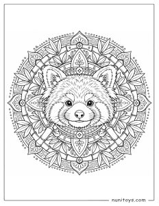 Red Panda Face Mandala Coloring Page with Bamboo Leaves