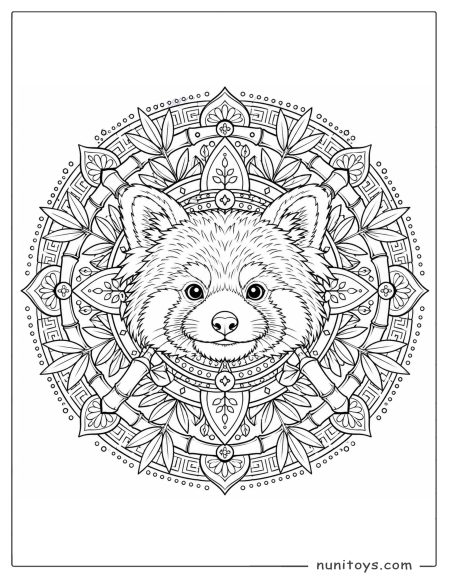 Red Panda Face Mandala Coloring Page with Bamboo Leaves