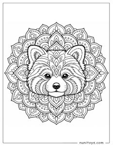 Red Panda Face Mandala Coloring Page with Floral Petals