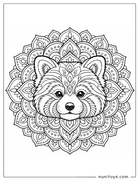 Red Panda Face Mandala Coloring Page with Floral Petals