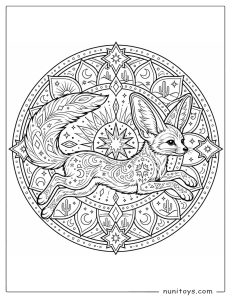 Running Fennec Fox Mandala Coloring Page with Desert Stars