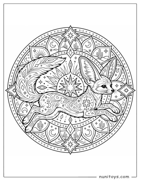 Running Fennec Fox Mandala Coloring Page with Desert Stars