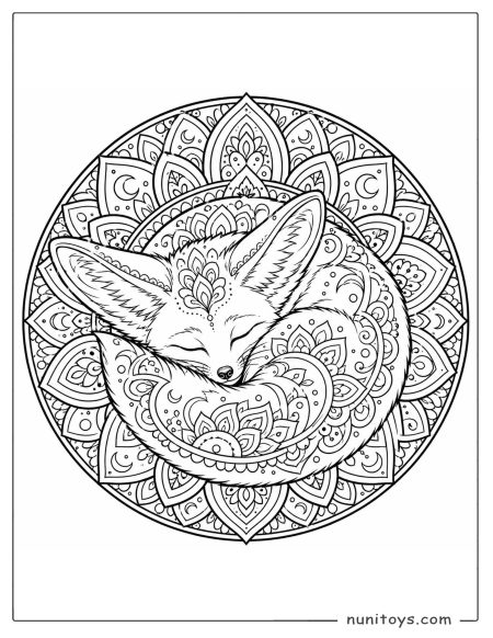 Sleeping Fennec Fox Mandala Coloring Page with Moon Details
