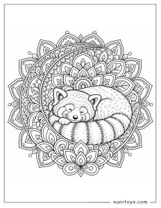 Sleeping Red Panda Mandala Coloring Page with Floral Crescent