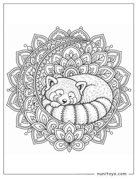 Sleeping Red Panda Mandala Coloring Page with Floral Crescent